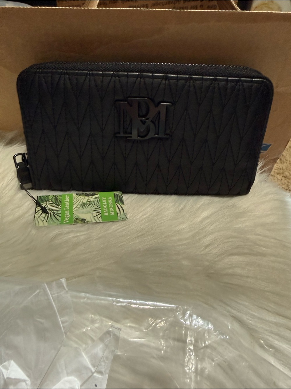 Badgley Mischka Quilted Black Zip Wallet with Embossed Logo